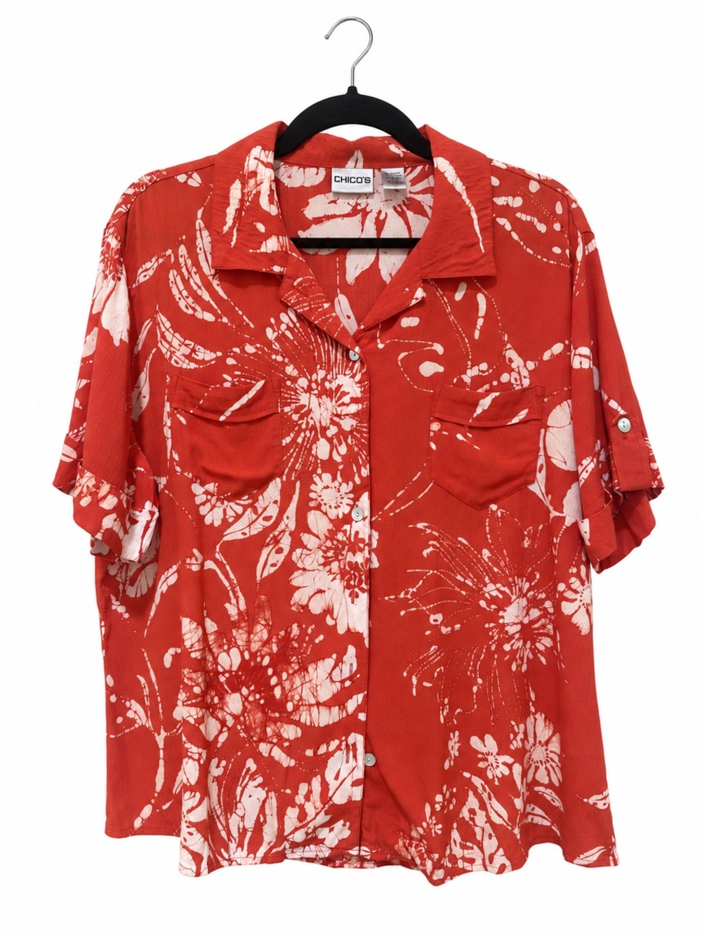 Chico's Coral Red Floral Short-Sleeve Button-Down Size 2, 12/14